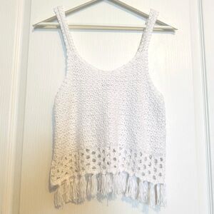 Aerie AE womens XS White Crochet Crop Tank Top fringed resort beachy boho hippie